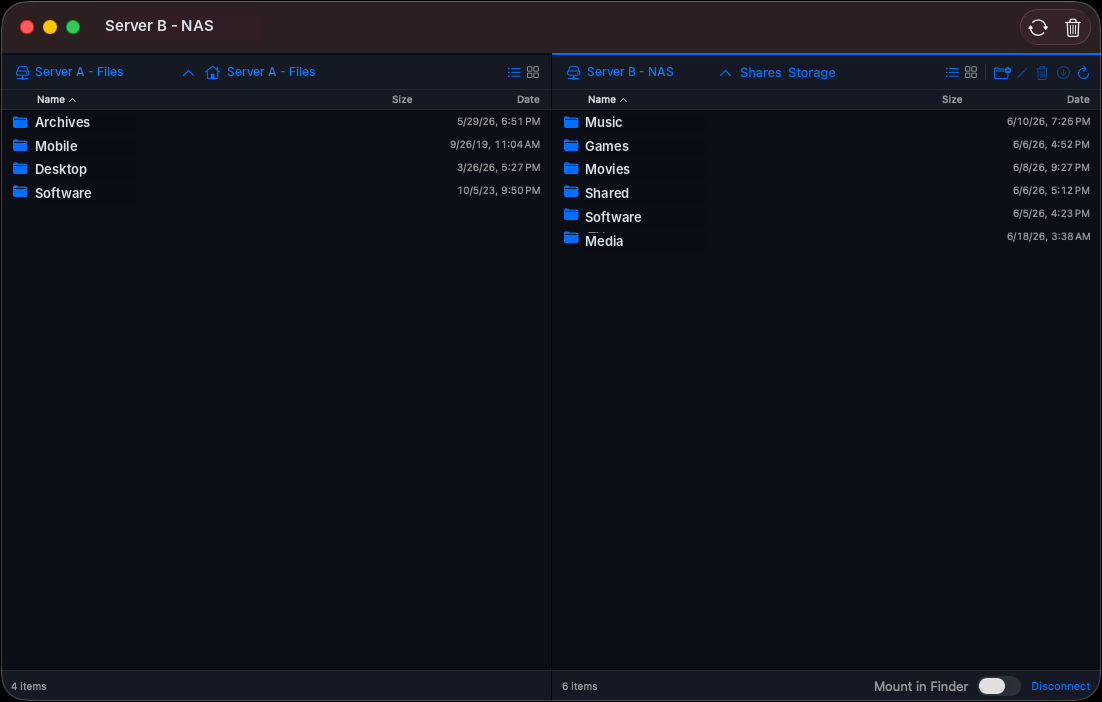 Drive Uploader dual-pane window: local files on the left, a connected NAS and its shares on the right, with a Mount in Finder toggle.