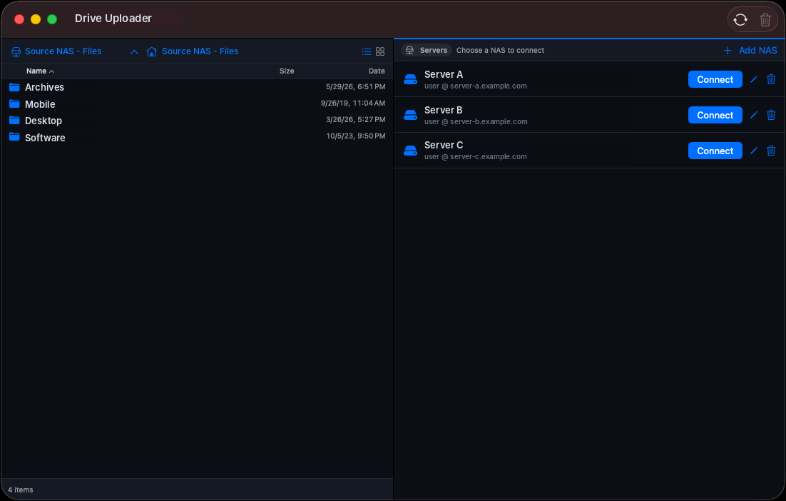 The Servers list in Drive Uploader showing several saved NAS units, each with a Connect button.