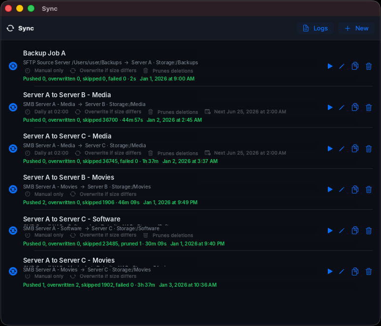 The Sync window listing scheduled push jobs with results, schedules, and deletion-mirroring badges.