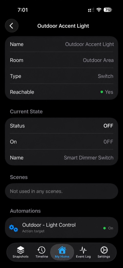 A device detail screen showing live status, scenes, and automations.