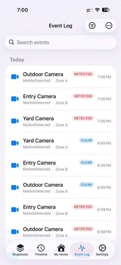 The Event Log streaming live motion, light, lock, and door events.