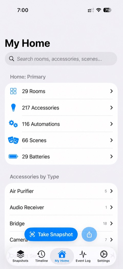 The My Home screen listing rooms, accessories, automations, scenes, and batteries.