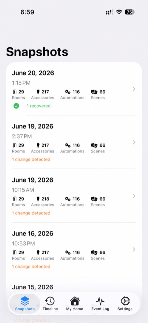 The Snapshots screen showing a history of daily captures and what changed.